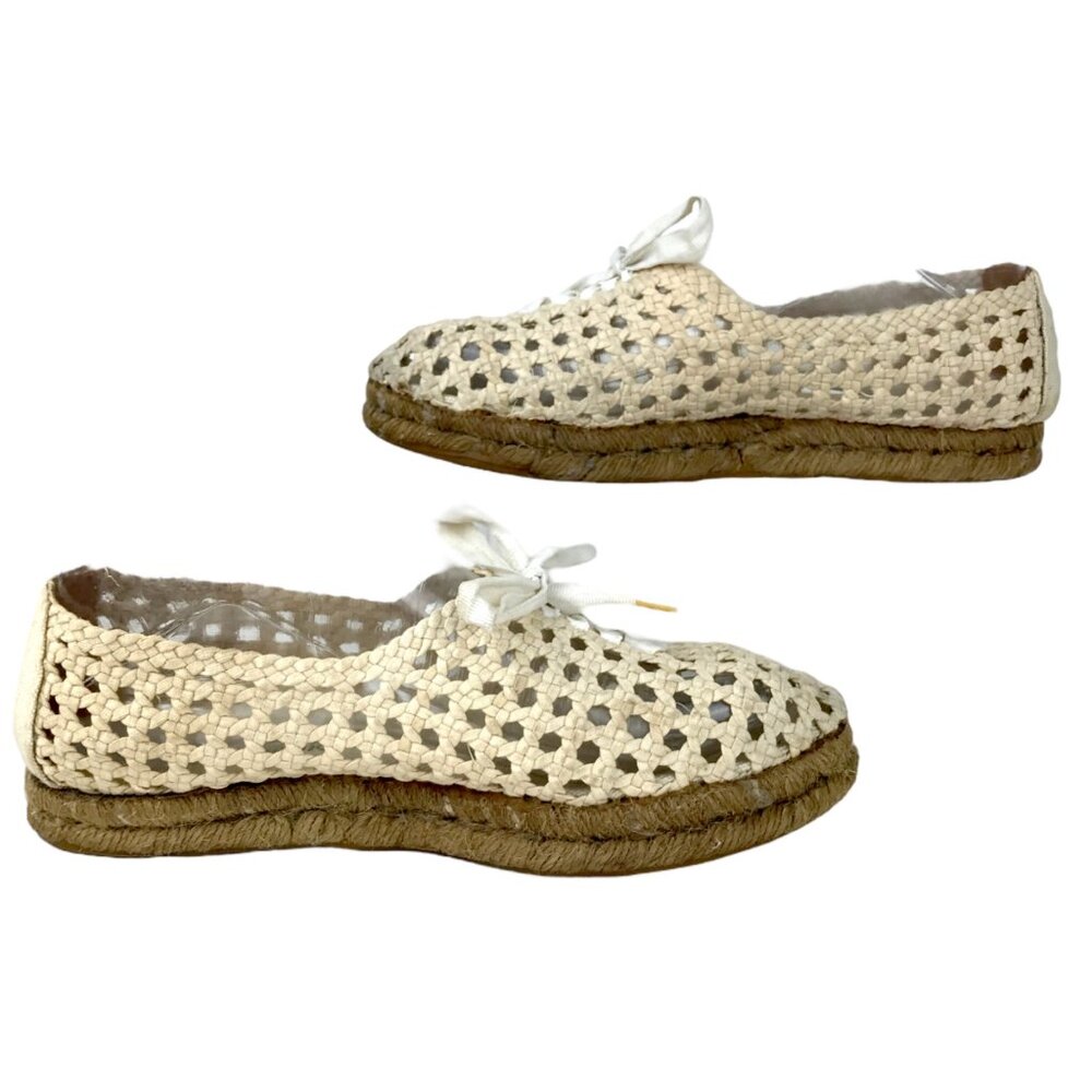 Saint Laurent Womens 7 38 Cream Espadrille Lace Up Loafers Woven Round Toe